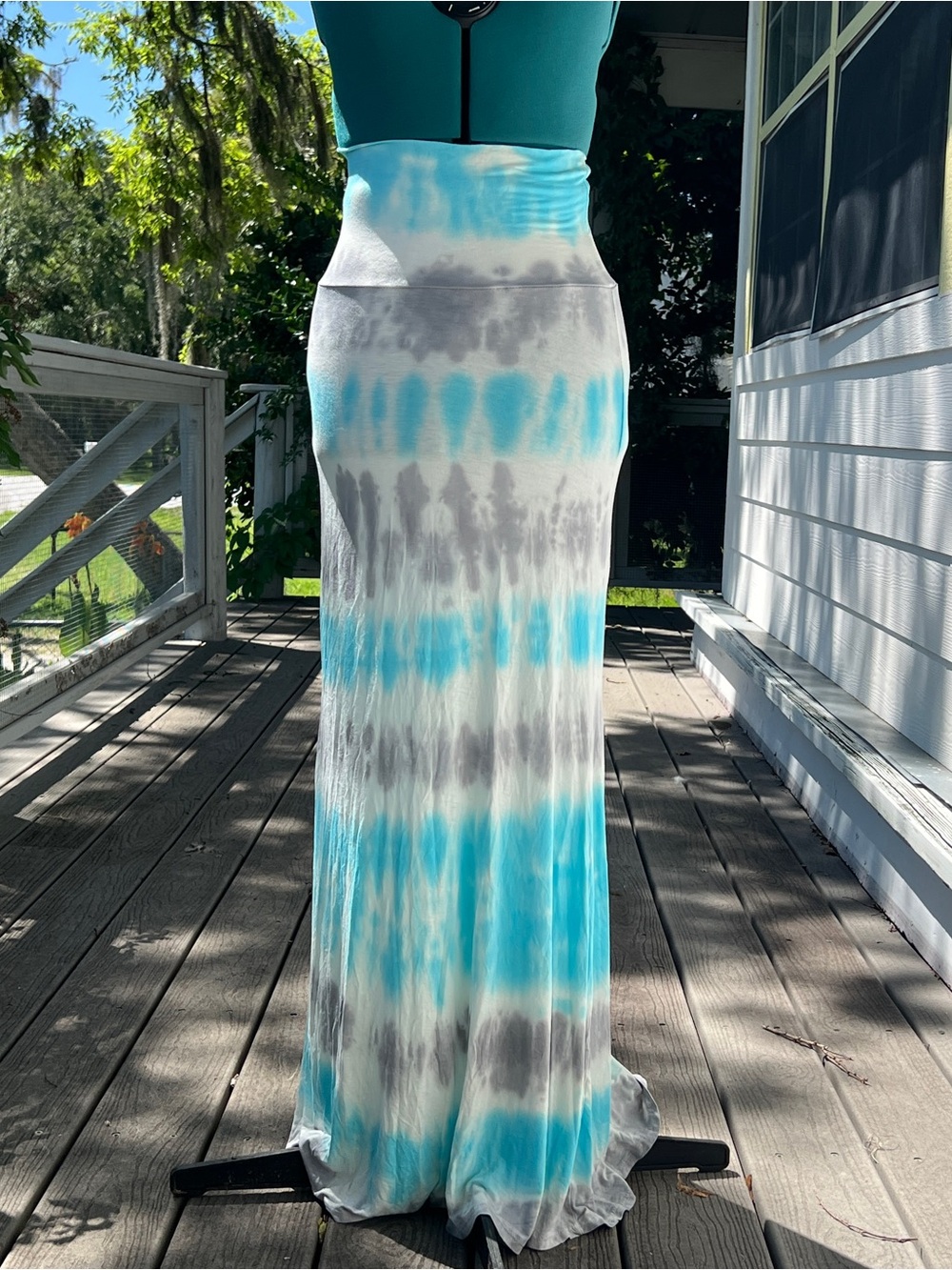 Promesa: Tie-Dye Maxi Skirt in Blue, White & Gray. Size Small.